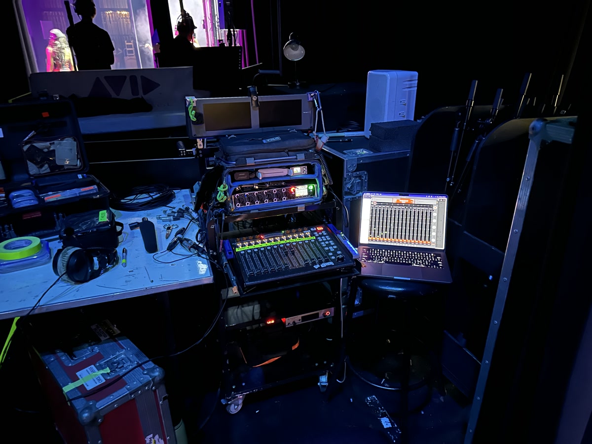 Live audio recording setup for Celtic Illusion show at Crown Casino, Melbourne - production sound cart in action.