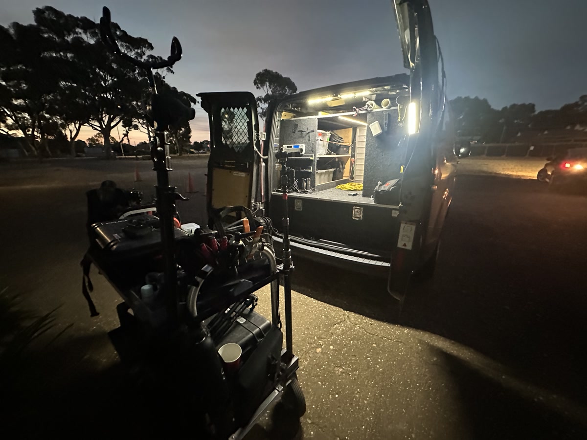 Night-time view of sound van setup with Magliner cart - location sound workflow behind the scenes.