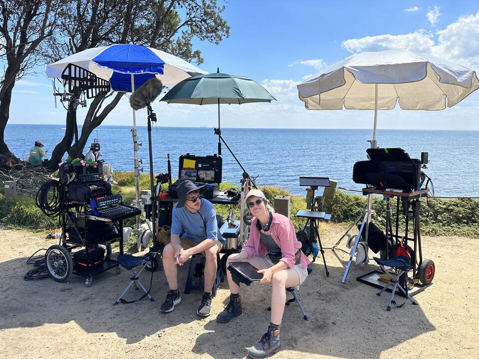 Boom Operator Tim and Script Supervisor Paige on set of Strange Creatures